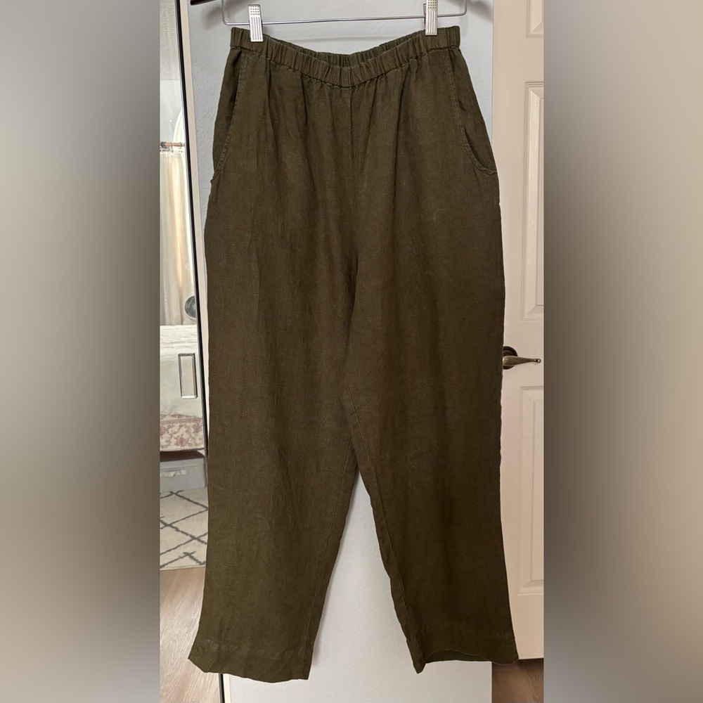 FLAX Olive Green Linen Lagenlook Pants (S)